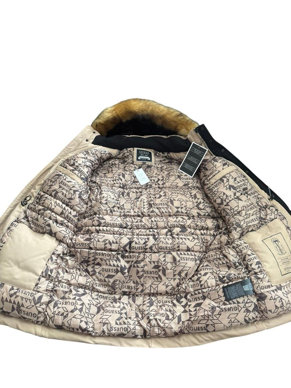 Guess Coat Mens Large Beige Parka Hooded Faux Fur Trim Water Repellent Insulated